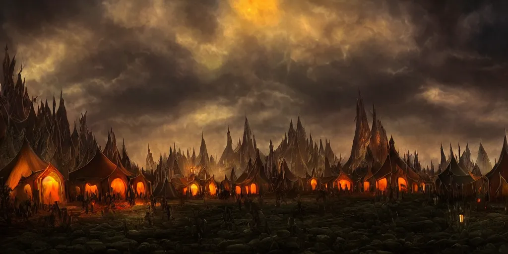 Prompt: a dark fantasy matte painting of dark evil circus tents silhouetted by an evil dramatic sky, tim burton, world of warcraft, league of legends