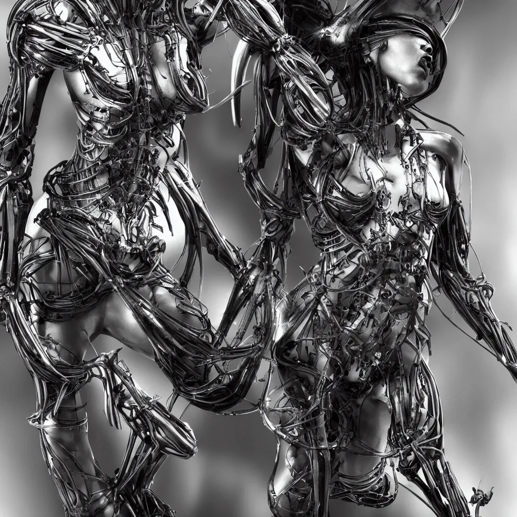 Image similar to a beautiful female is infected with a biomechanical suit, octane render, hyper realistic, art by hr giger and alvin schwartz, black and white, full body, epic angle