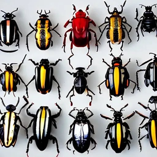 Prompt: a display of different kinds of beetles