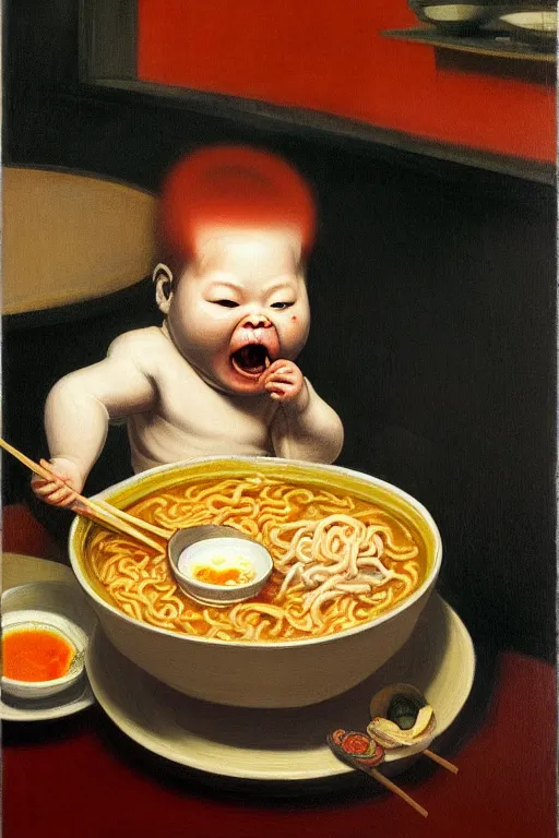 Image similar to evil and angry human giant baby eating a huge bowl of ramen in new york city, traditional chinese restaurant, hauntingly surreal, highly detailed painting by francis bacon, edward hopper, adrian ghenie, gerhard richter, and james jean soft light 4 k,