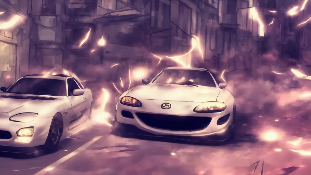 Prompt: anime screenshot of jdm mazda rx - 7 with attack on titan transformation lighting coming from it drifting on wall maria, illustration, cinematic, long exposure, 4 k, spotlight