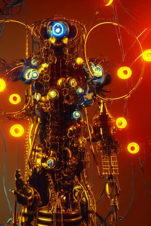 Prompt: portrait photo of a giant huge golden and blue metal humanoid steampunk cyborg female singer with a human face and gears and tubes, in the foreground is a big red glowing microphone, eyes are glowing red lightbulbs, shiny crisp finish, 3 d render, 8 k, insaneley detailed, fluorescent colors, background is multicolored lasershow