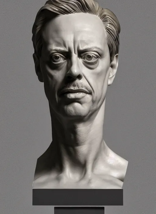 Prompt: bust of steve buscemi, marble sculpture, photorealistic by michael komarck, greg rutkowski, victo ngai, artgerm, willem claesz heda and j. dickenson, museum piece, museum display, back - lit, wooden cabinet