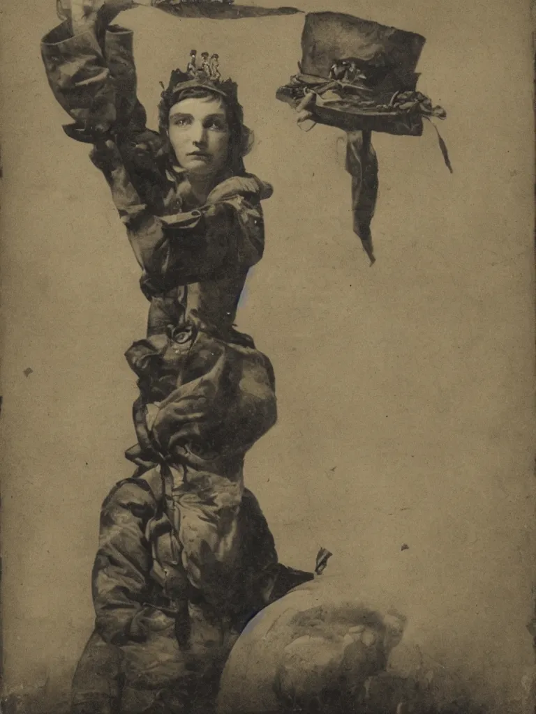 Image similar to portrait of a lonely female soldier floating in the air, wearing a crown, by george henry harlow