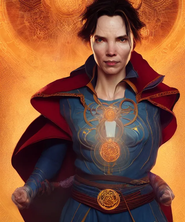 Prompt: woman doctor strange, au naturel, hyper detailed, digital art, trending in artstation, cinematic lighting, studio quality, smooth render, unreal engine 5 rendered, octane rendered, art style by klimt and nixeu and ian sprigger and wlop and krenz cushart