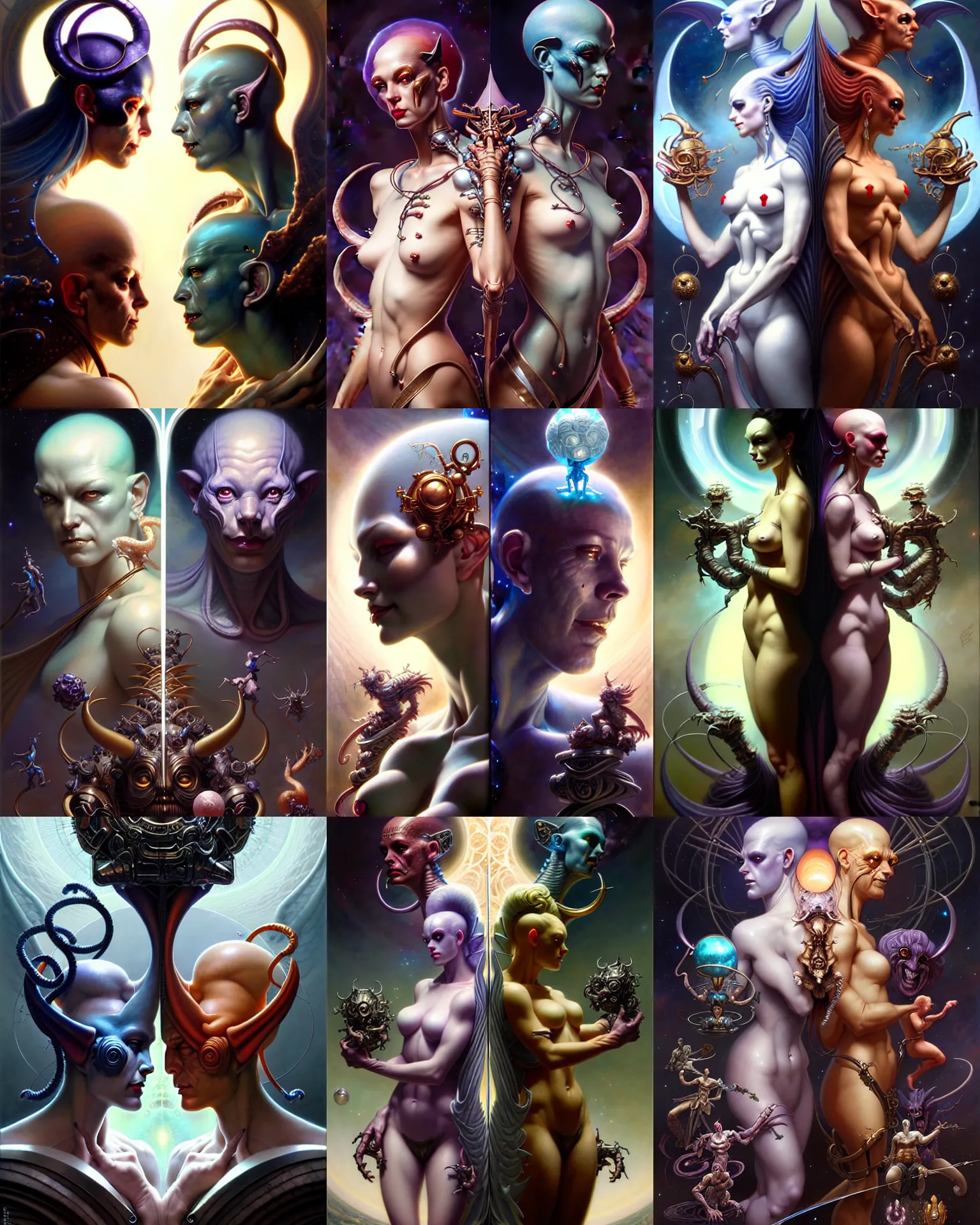 Image similar to beautiful gemini good and evil, happy and sad faces, fantasy character portrait, ultra realistic, wide angle, intricate details, the fifth element artifacts, highly detailed by peter mohrbacher, boris vallejo, hajime sorayama, wayne barlowe, aaron horkey, gaston bussiere, craig mullins