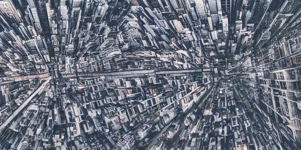 Image similar to drone view of a city with a large road through, Brutalist architecture,sharp focus,telephoto lens,digital art by Victor Mosquera 4k