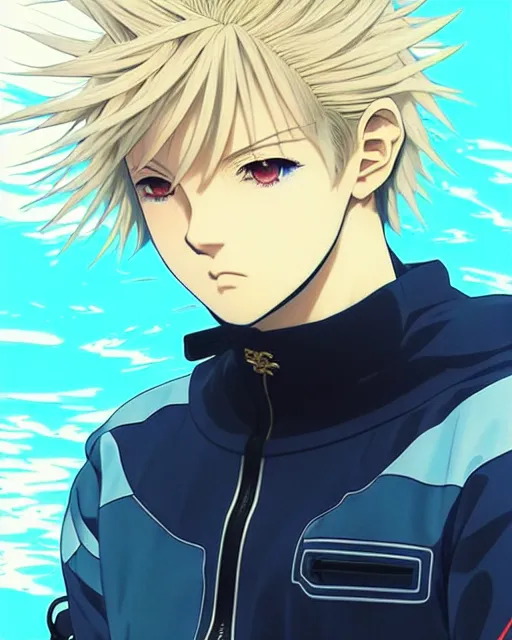 Image similar to ilya kuvshinov anime illustration of male character with blonde underwater hair wearing yeezy streetwear, last exile, murata range, fine detail, perfect anime face, dramatic lighting, dynamic composition, art deco, cel shading, vivid, stippled lighting, rich texture, yoshinari yoh, alphonse mucha, takashi murakami, ( ( ( colorful ) ) )