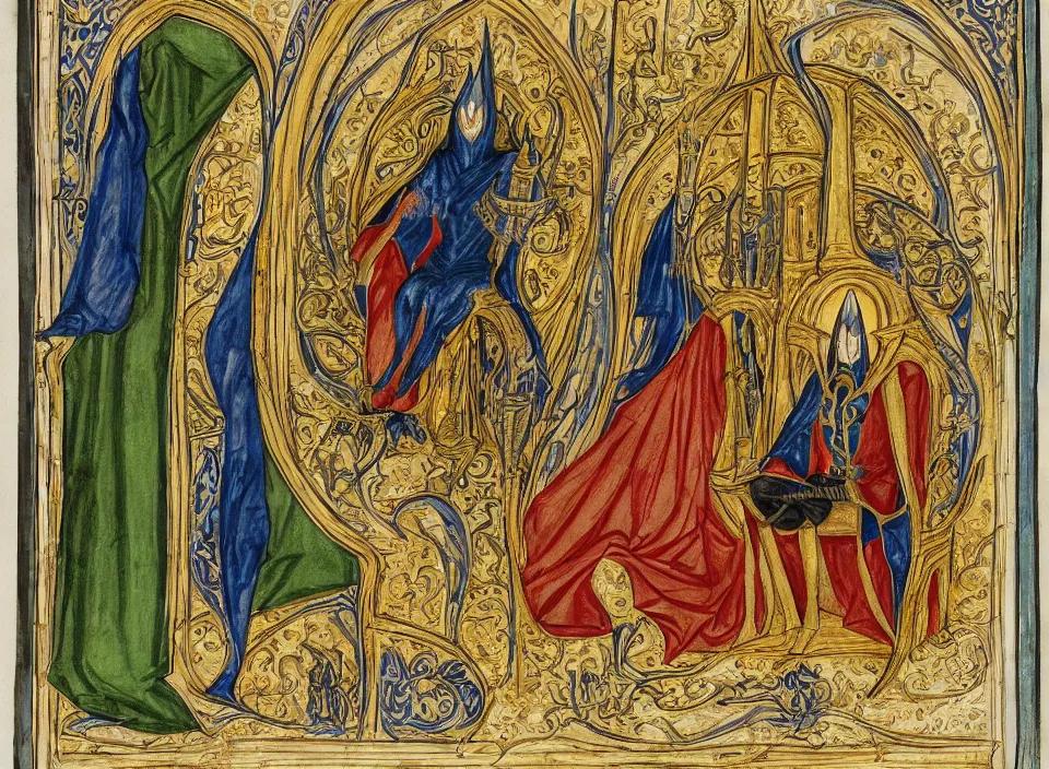 Prompt: a illuminated manuscript drawing of sauron sitting on a throne with the nazgul kneeling in front of him