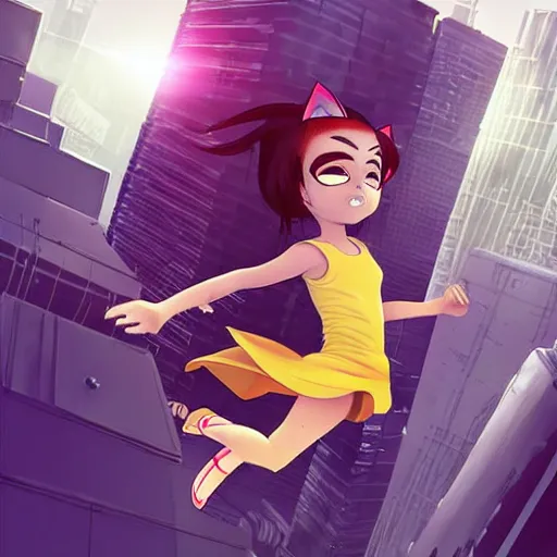 Image similar to a fierce looking 7 year old girl with cat ears, jumping from a rooftop, futuristic city, fiona staples