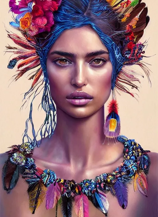 Image similar to beautiful portrait of Irina Shayk wearing dramatic Hand-dyed cotton dress,embellished beaded feather decorative fringe knots ,colorful pigtail,subtropical flowers and plants,symmetrical face,intricate,elegant,highly detailed,8k,digital painting,trending on pinterest,harper's bazaar,concept art, sharp focus, illustration, by artgerm,Tom Bagshaw,Lawrence Alma-Tadema,greg rutkowski,alphonse Mucha