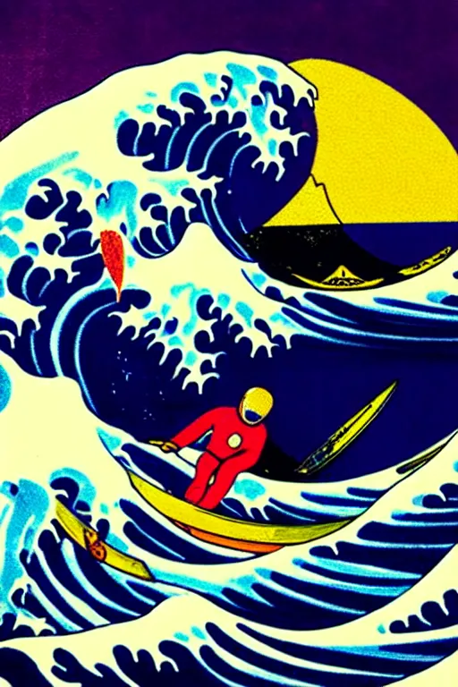 Prompt: a award winning photograph of an astronaut surfing the great wave off kanagawa on a purple surboard