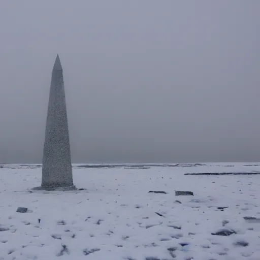 Image similar to a large obelisk on a ice plain. snowing, overcast sky, grainy.