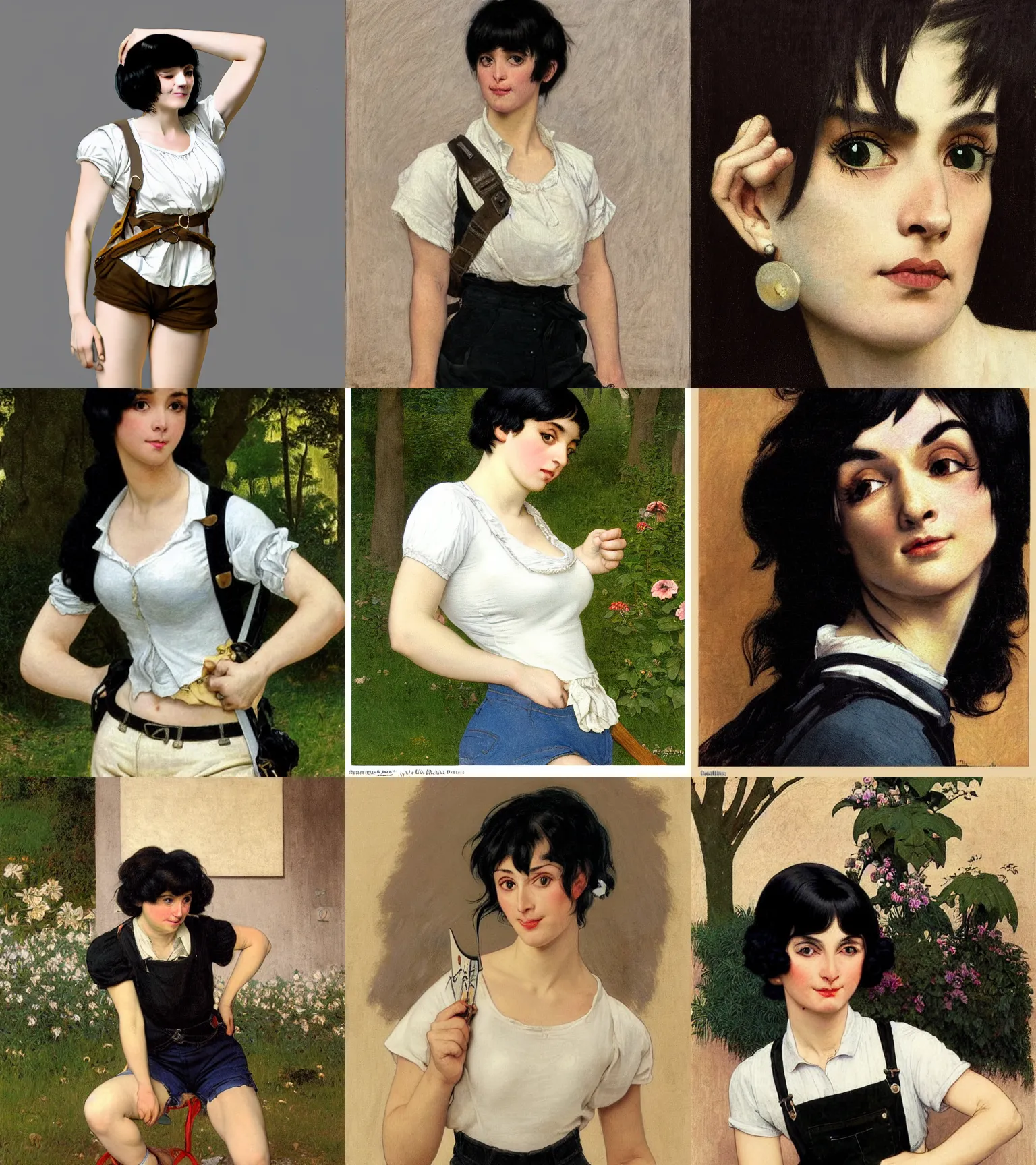 Prompt: a woman with black hair and long pixie haircut in shorts with suspenders and white t-shirt drawn by Jacques-Louis David, norman rockwell, frank frazetta, alphonso azpiri, maler collier, peter paul rubens, alphonse mucha, gustav klimt 4k, unreal 5, DAZ, french noveau, trending on artstation, octane render, hyperrealistic