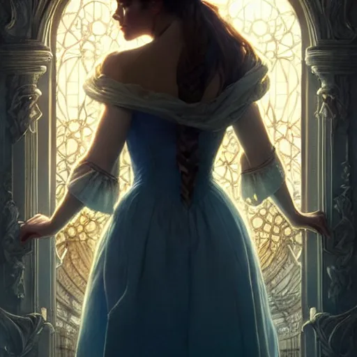 Image similar to belle beauty and the beast ; ultra realistic, concept art, intricate details, eerie, haunting, highly detailed, photorealistic, octane render, 8 k, unreal engine. art by artgerm and greg rutkowski and charlie bowater and magali villeneuve and alphonse mucha