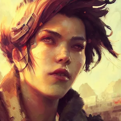 Image similar to fallout 5, charismatic beautiful rugged brunette female protagonist, portrait, outdoors tropical cityscape, atmospheric lighting, painted, intricate, volumetric lighting, beautiful, daytime, sunny weather, few clouds, sharp focus, deep colours, ultra detailed, art by krenz cushart and wenjun lin