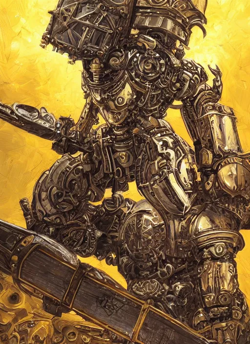 Image similar to dynamic portrait of a intricate glorious holy mechanical warforged character in yellow armor holding a paladin engraved great longsword and carrying a big paladin shield, spotlight from face , epic , trending on ArtStation, masterpiece, cinematic lighting, by Jesper Ejsing and by Philippe Druillet and by Yoann Lossel and by John Salminen