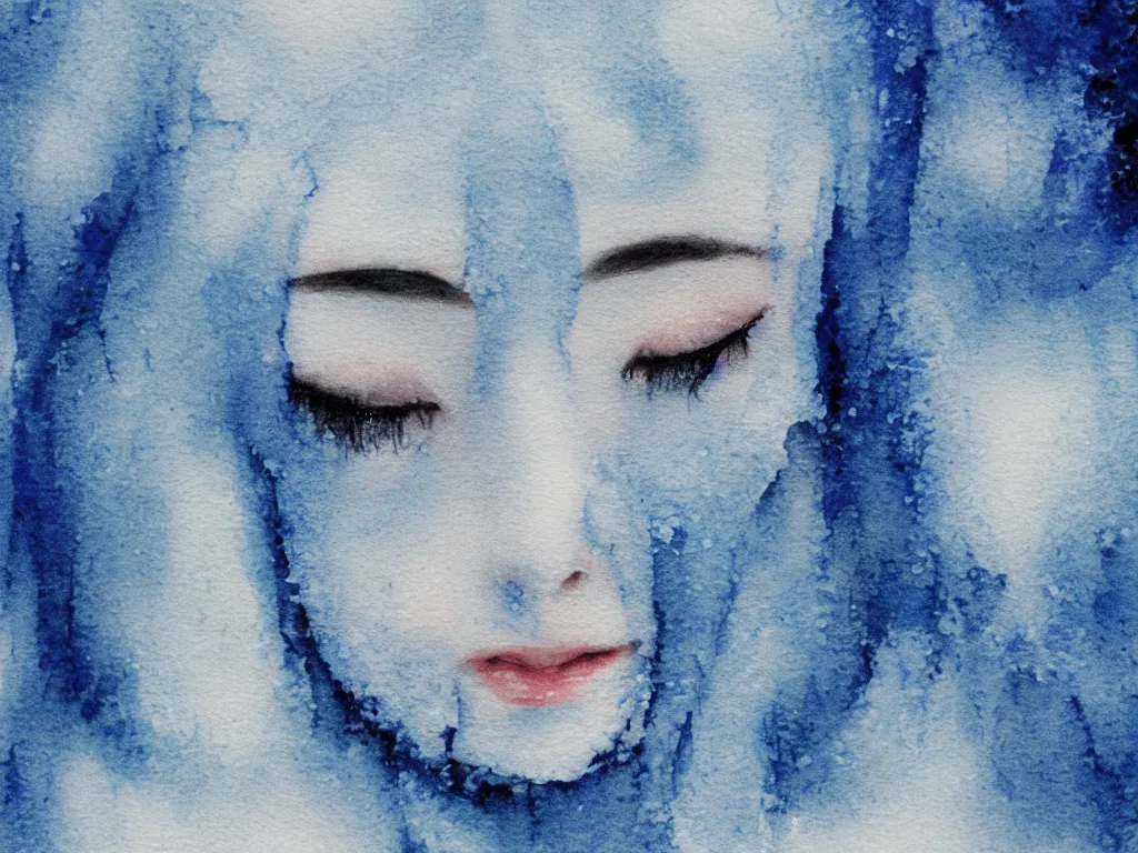 Image similar to the piercing blue eyed stare of yuki onna, freezing blue skin, blizzard in the mountains, painted in minimalist watercolor, bokeh, asymmetric, rule of thirds