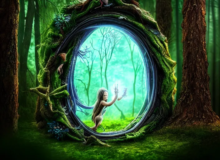 Image similar to photo of a portal to a different world with magical creatures in it, in the forest. Fantasy magic style. Highly detailed 8k. Intricate. Nikon d850 55mm. Award winning photography.