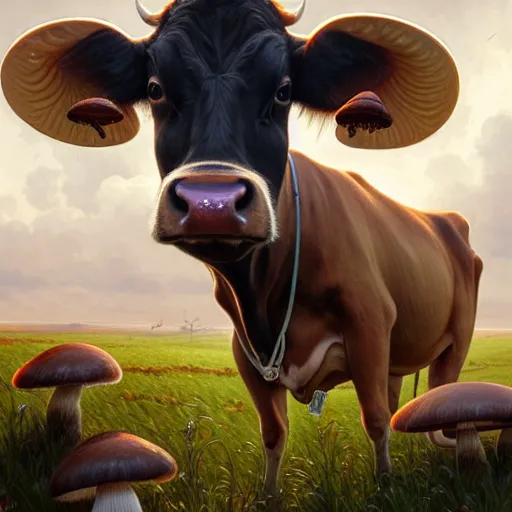 Image similar to long shot photo of a cow with mushrooms growing on its back, highly detailed, digital painting, artstation, smooth, sharp focus, illustration, art by artgerm and greg rutkowski and alphonse mucha