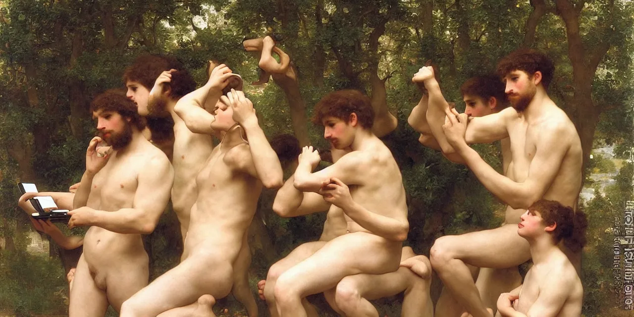 Prompt: a large group of pre - raphaelite athletic males wearing headset holding macbook! by bouguereau