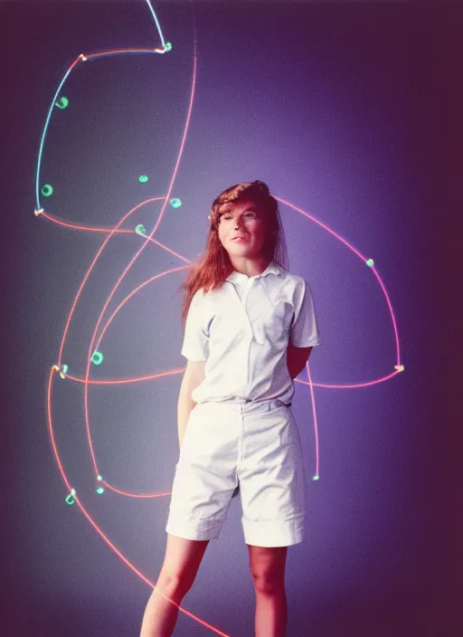 Prompt: realistic photo portrait of a a scientist girl dressed in white shorts, at glowing laser beams in a grey sky, covered with electricity, 1 9 9 0, life magazine photo, natural colors, museum collection, kodak