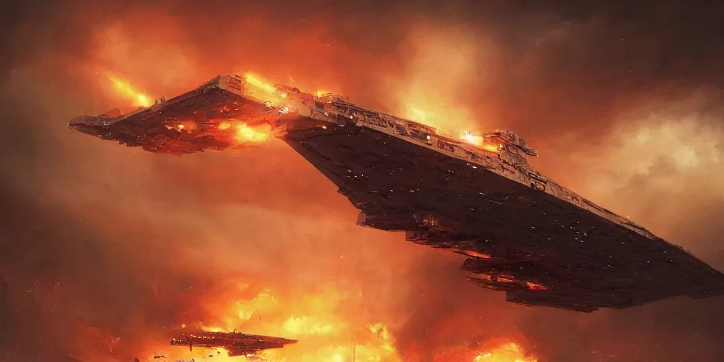 Image similar to a painting of a cinematic keyframe of star wars a destroyed imperial star destroyer ship, heavy atmosphere, fire and smoke by greg rutkowski, rule of thirds, golden ratio, ambient lighting, wlop, artgerm, artstation, highly detailed masterpiece, dark fantasy art, high detail, trending on artstation