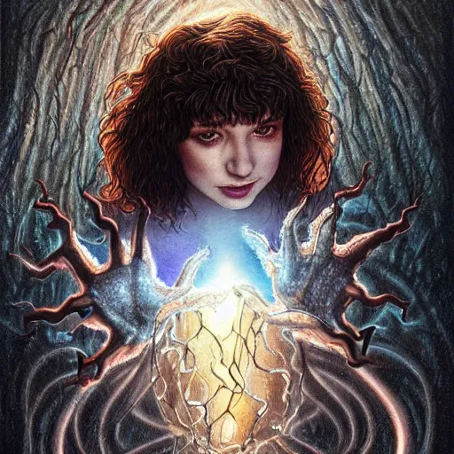 Image similar to kate bush battling vecna from stranger things, exquisite airbrush painting from the eighties, intricate detail, artstation,