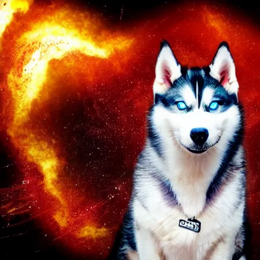 Image similar to Heterochromia Husky with scars holding an electro guitar with the background of a burning skull in space