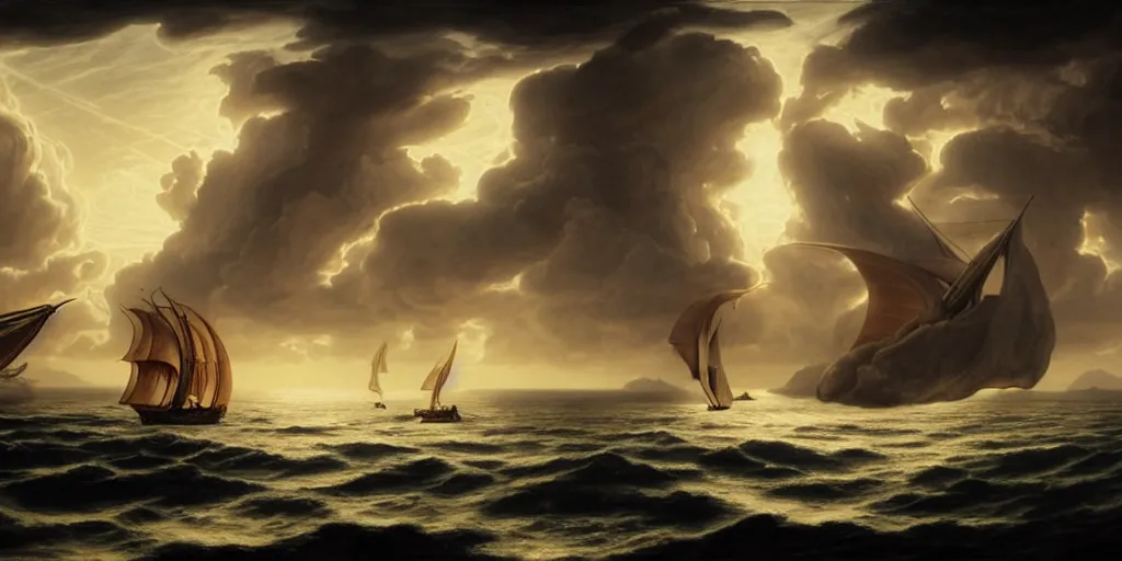 Image similar to Odysseus's ship sailing past the island of the sirens, by Rolf Armstrong and Evelyn De Morgan and Bastien Lecouffe-Deharme, dramatic lighting, high contrast colors, baroque, empyrean, panoramic view, as trending on Artstation, highly detailed, doom engine,