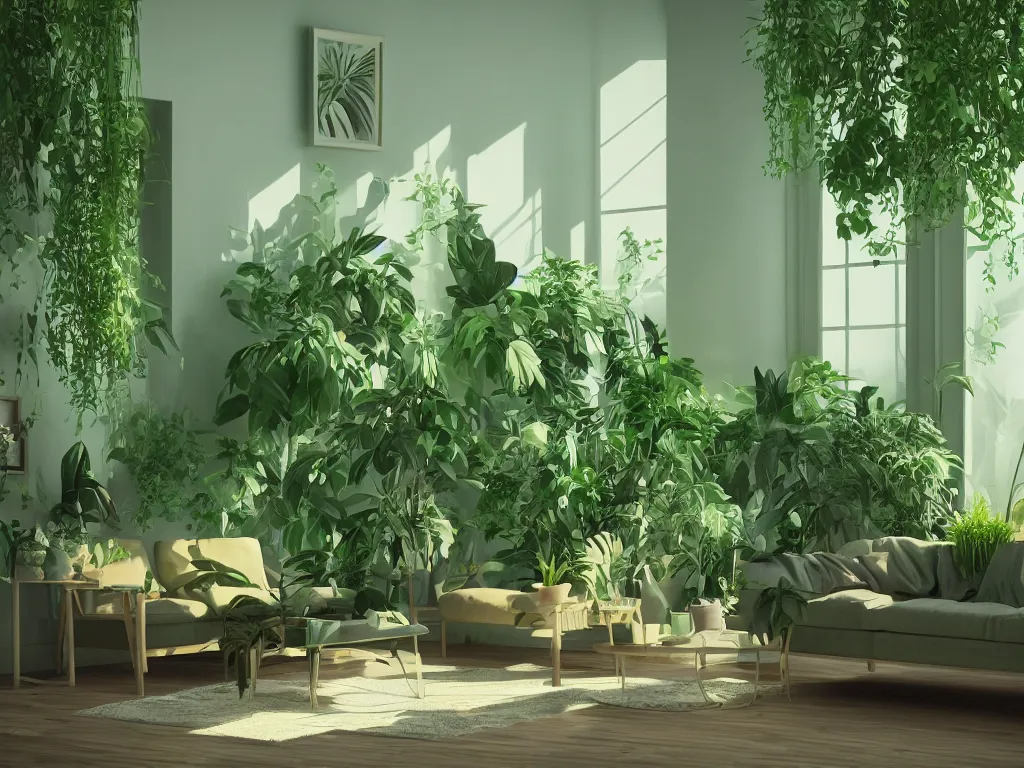 Prompt: comfy green living room with many plants, complicated liminal interior, Lynchian, unsettling, dreamlike with vapor clouds and painting by Henri Rousseau, 3D render by Beeple and Barry Chuckle, layered, parallax effect