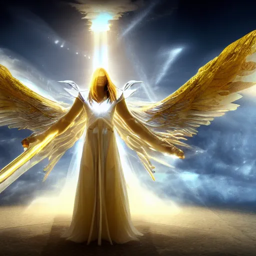 Prompt: Angel in white linen, golden armor, glowing sword in hand, translucent wings, concept character, beautiful, stunning, gold mist, radiating power, energy, god rays, luminescence, fractal, photography, unreal engine, 8k