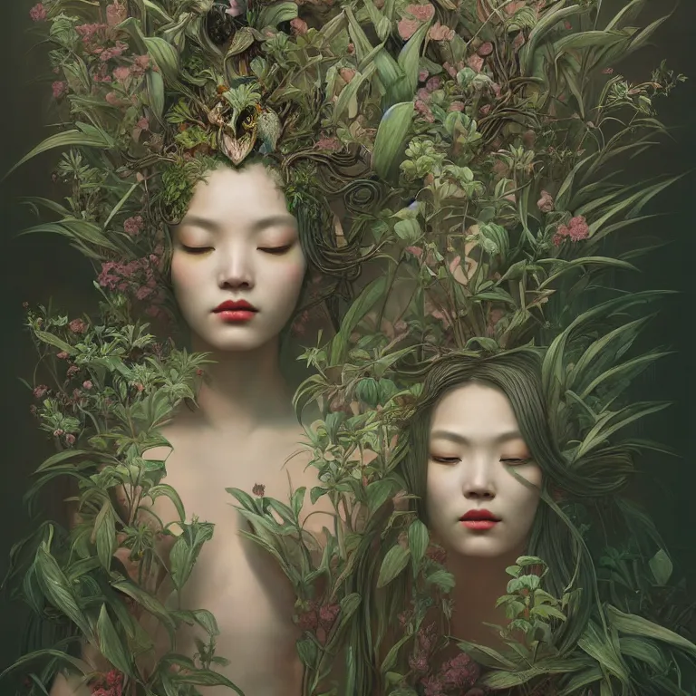 Image similar to breathtaking detailed concept art painting art deco portrait of a gaea goddess amalgamation plants, by hsiao - ron cheng, bizarre compositions, exquisite detail, extremely moody lighting, 8 k