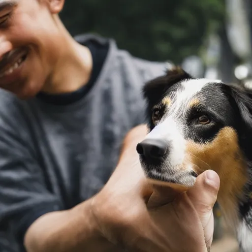 Image similar to [ selfie ]!!! of a man [ caressing a dog ]!!, trending on unsplash, 4 k photorealism, intricately detailed