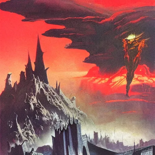 Prompt: an evil fortress, artwork by frank frazetta, red skies with evil glowing eyes