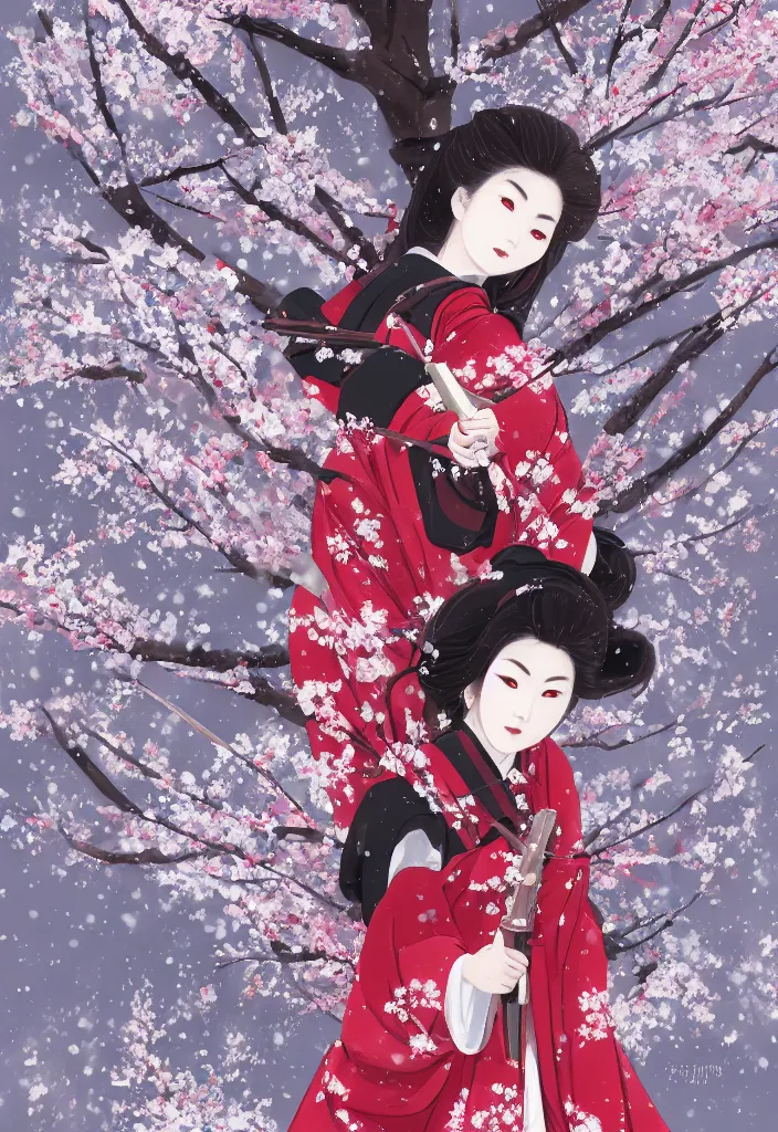 Image similar to detailed portrait of girl samurai in hakama with swords and rifles, in snow forest sakura cherry blossom, taisho roman, trending on artstation, elite, elegant, luxury, perfect face, fine details, realistic shaded, fine - face, pretty face