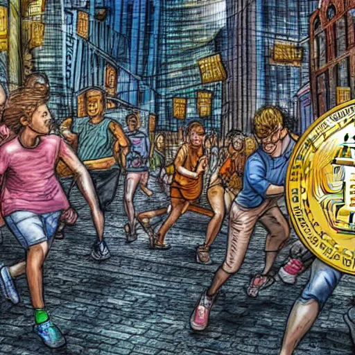 Image similar to bunch of people running away from a bitcoin giant in the city, hyper detailed, hdr, 8 k, bright colors