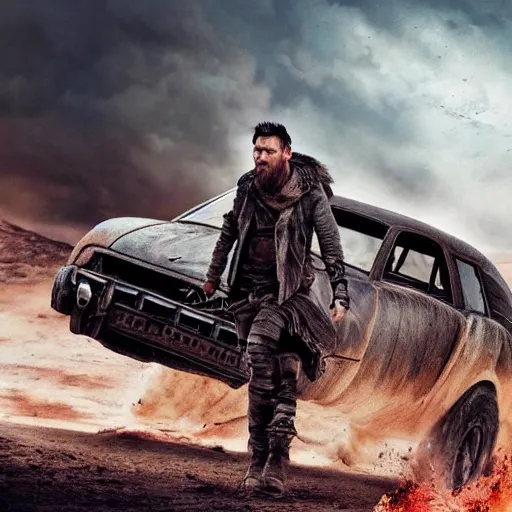 Image similar to Lionel Messi in Mad Max Fury Road, cinematic, sharp focus, movie still, atmospheric, 8k,