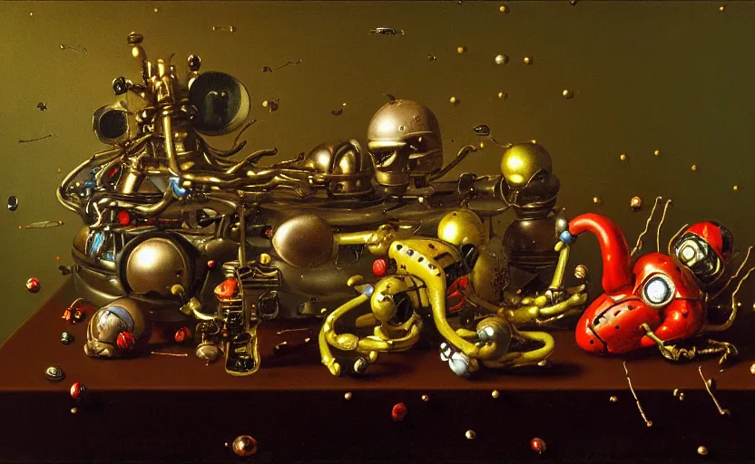 Image similar to strange robot body, disturbing colorful oil painting dutch golden age vanitas still life sparse composition with shiny metal lady bugs rachel ruysch dali todd schorr very detailed perfect composition rule of thirds masterpiece canon 5 0 mm, cinematic lighting, photography, retro, film, kodachrome