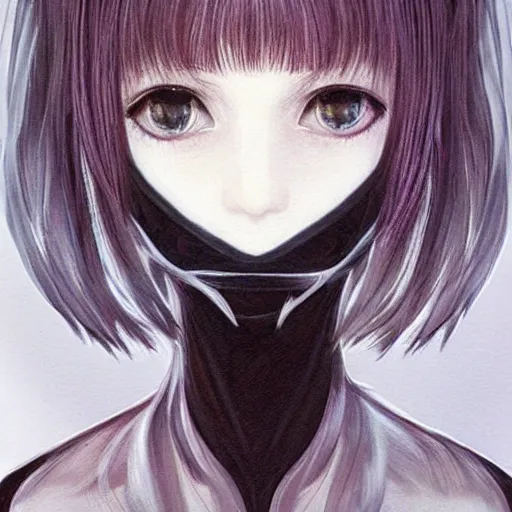 Image similar to beautiful pure evil teenager lain, cute haircut, with hundreds of network cables, neatly coming out of her head, a part of her face panel is showing, she is in pure bliss, chaos, bizarre, strange, portrait, painting, soft and intricate, fine lines, face is breaking like a porcelain doll, by artgerm,