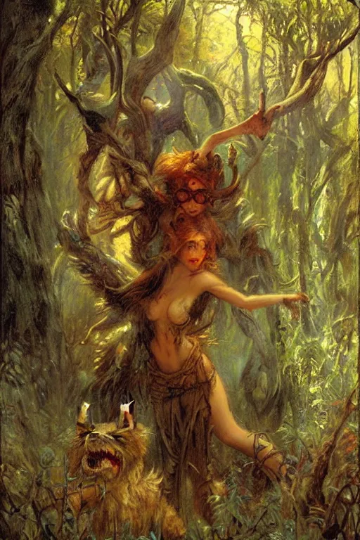 Image similar to the woods are full of monster comic cover. art by gaston bussiere.