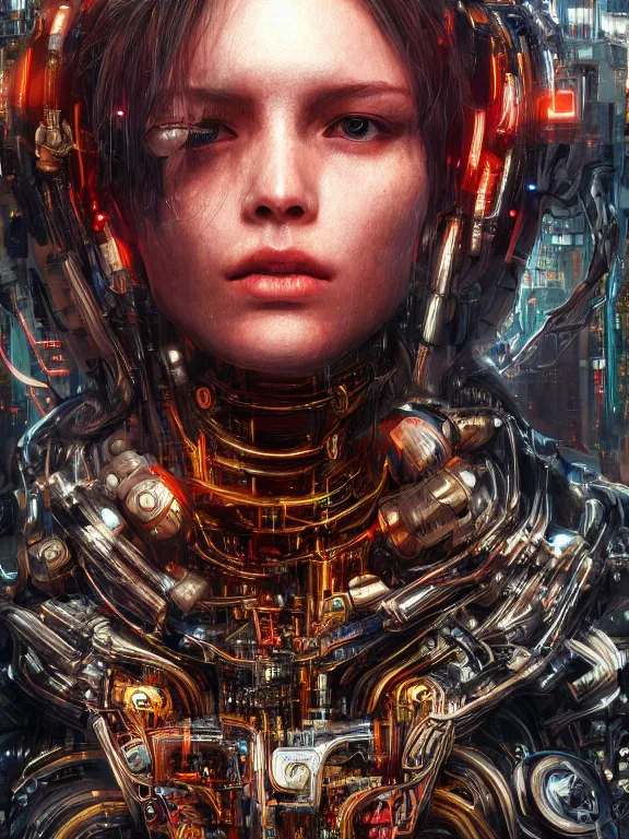 Prompt: portrait art of 8k ultra realistic artificial intelligence, cybernetic, full of colour, cinematic lighting, cyberpunk ,decay, trending on artstation, 4k, hyperrealistic, focused, extreme details,unreal engine 5, cinematic, masterpiece, art by ayami kojima, giger