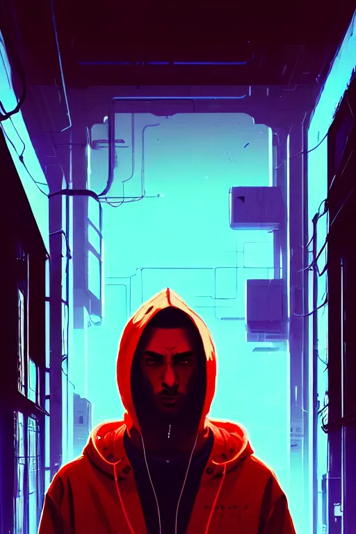 Prompt: cyberpunk synth, hyper - realistic portrait of a man in a white and red hoodie, cyberpunk, by atey ghailan, by greg rutkowski, by greg tocchini, by james gilleard, by joe fenton, by kaethe butcher, dynamic lighting, gradient light blue, brown, neon cinematic lighting color scheme, sharp focus, grunge aesthetic