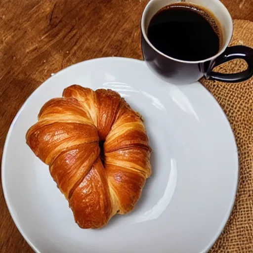 Prompt: one cup of coffee and a plate with a croissant