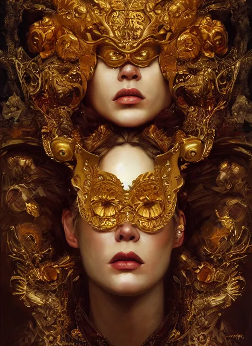 Image similar to highly detailed oil painting | very intricate | cinematic lighting | award - winning | golden baroque tiki mask fashion by alexander mcqueen | by roberto ferri, by tom bagshaw, by j. c. leyendecker and klimt, american romanticism, by austin osman spare, artstation, cgsociety, official art, octane