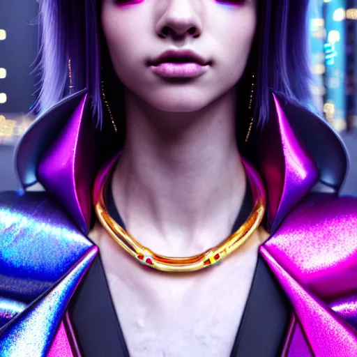 Image similar to hyperdetailed portrait of a stunningly beautiful cyberpunk cutie european girl with dark hair guard made of iridescent metals and shiny pink gems, bright rainbow nimbus, gold necklace, gold background inspired by ross tran and masamune shirow and kuvshinov, intricate, photorealistic, octane render, rtx, hdr, unreal engine, dnd digital art by artgerm