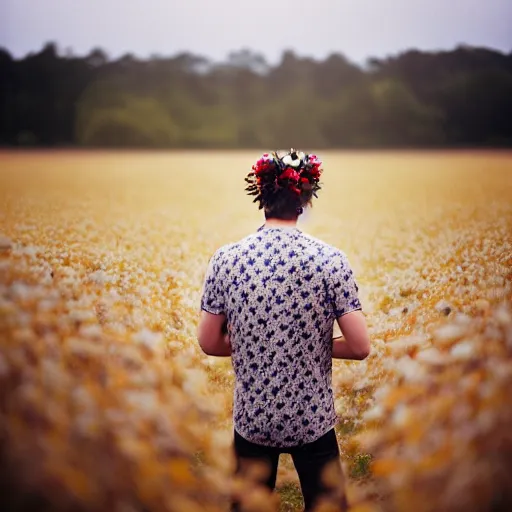 Image similar to kodak portra 1 6 0 photograph of a skinny guy standing in field of skulls, flower crown, back view, moody lighting, moody vibe, telephoto, 9 0 s vibe, blurry background, tranquil, calm, faded!,
