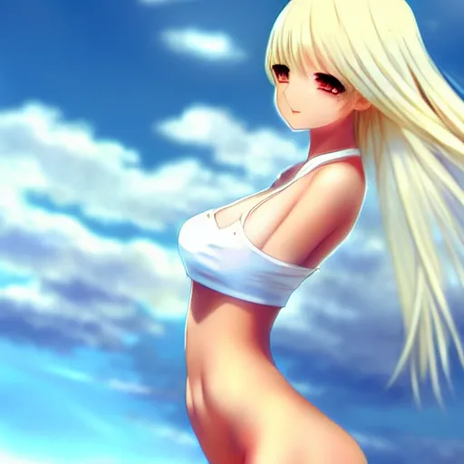 Image similar to tiny father a tall daughter picture : a very beautiful young blond macro anime girl with a tiny father, sky blue eyes, bikini, white miniskirt, highly detailed, cinematic wallpaper by stanley artgerm lau