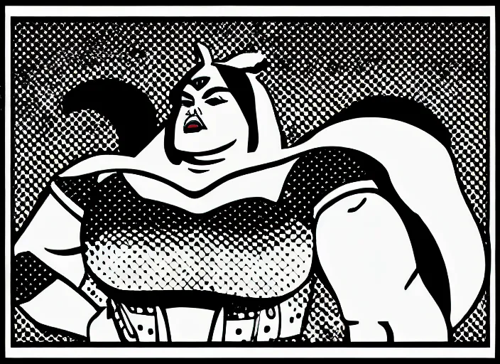 Image similar to a fat valkyrie. roy lichtenstein style. halftone dots. comic book look