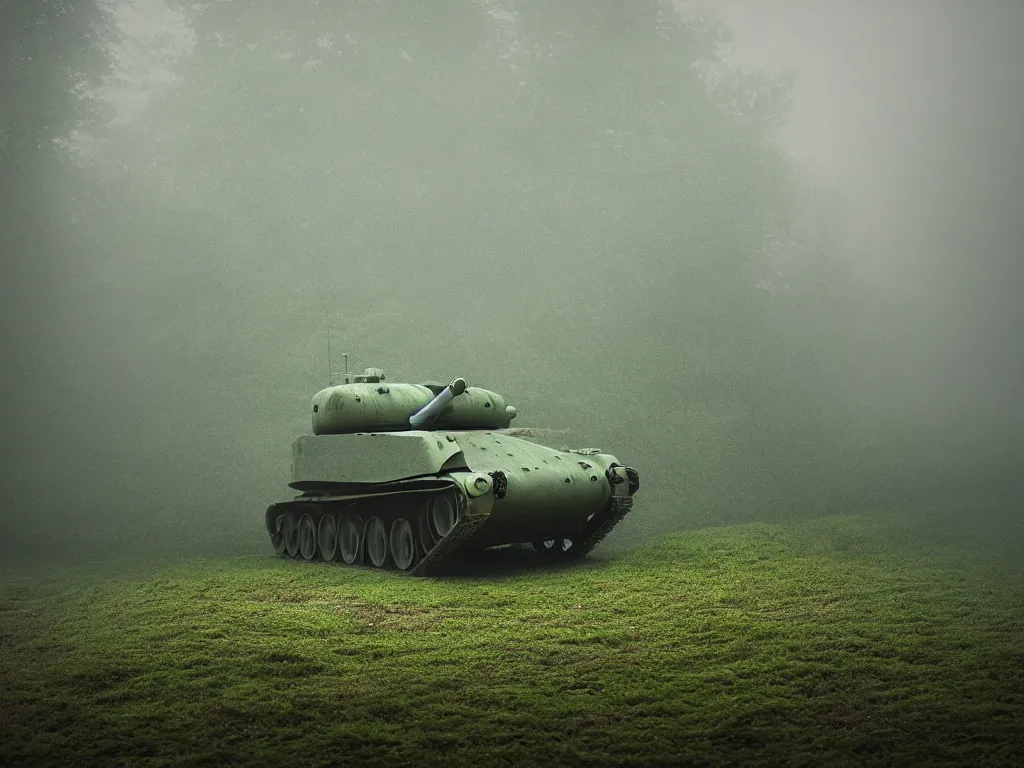 Image similar to damaged tank drives through foggy moss, realistic, tilt shift style, 4 k, ue 5, lense flair, light rays, cinematic light, by michael bay